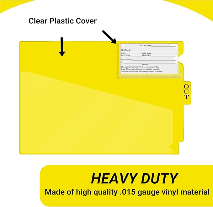 Doctor Stuff - Center Tab Vinyl Outguides, Diagonal Cut Front Pocket, Top Charge Out Slip Pocket, Plastic File Folder, Letter Size 9" x 13-1/4", Yellow, 25/Box