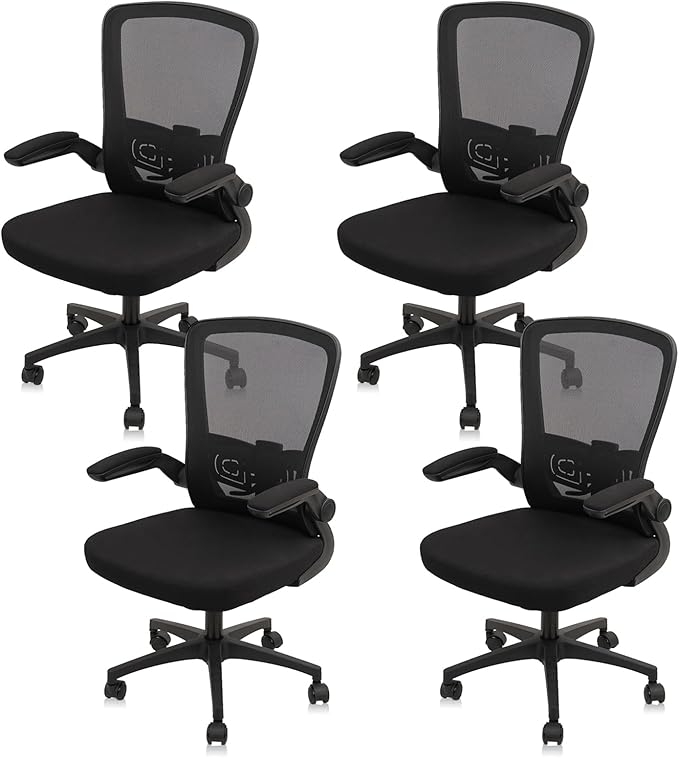 Office Desk Chairs with Wheels, Ergonomic Mesh Chair with Adjustable Height Lumbar Support, Rolling Swivel Computer Task Chair with Flip Up Armrests for Home, Study, Conference, Black (4PK)