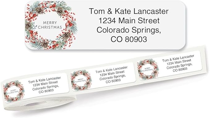 Christmas Berry Wreath Standard Rolled Address Labels - Set of 125 2 1/2" x 3/4" Rolled Labels