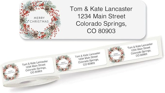 Christmas Berry Wreath Standard Rolled Address Labels - Set of 125 2 1/2" x 3/4" Rolled Labels