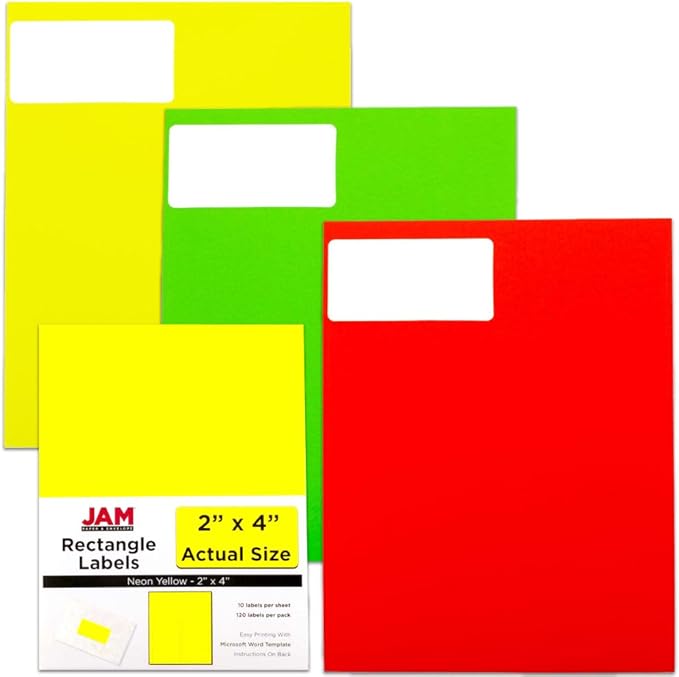 JAM PAPER Shipping Address Labels - Standard Mailing - 2 x 4 - Assorted Bright Neon Fluorescent - 6 Packs of 20 Labels - 120 Labels Total
