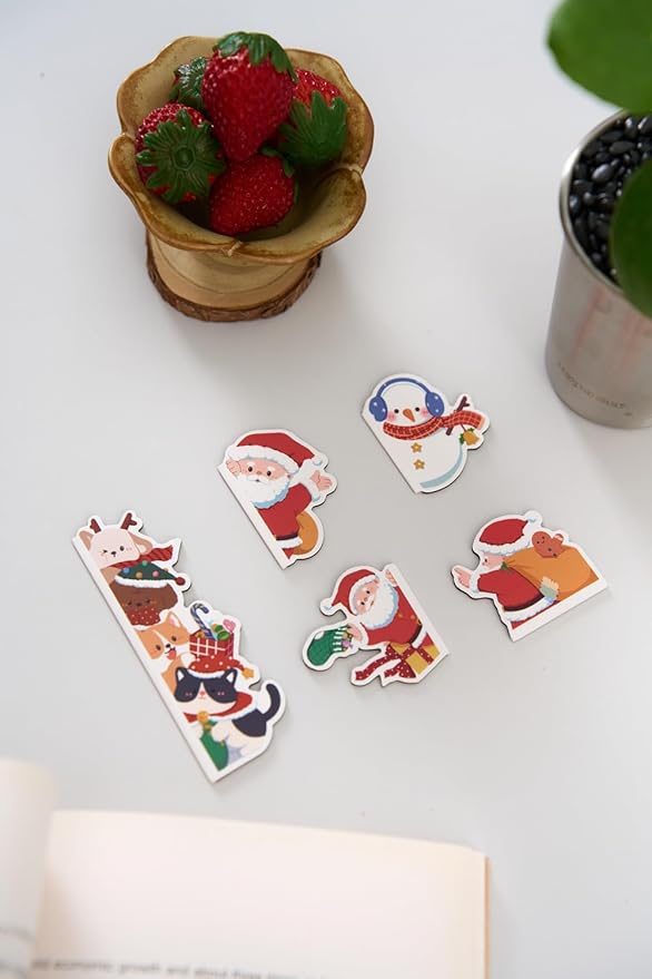 5pcs/Set Cute Magnetic Bookmark, Funny Peeping Santa Claus Kawaii Animals Book Marker Clip for Teachers, Students, Book Lovers Christmas Gifts, Printing on 2 Side (Santa Claus)