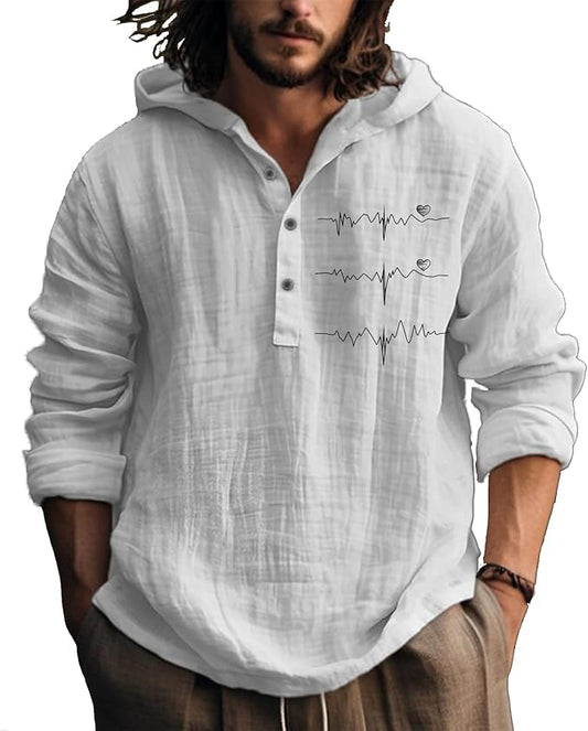 MARSVOVO Hooded Long Sleeve Shirt Men Fashion Graphic Button Up Lightweight Big and Tall Casual Vacation Shirts for Men