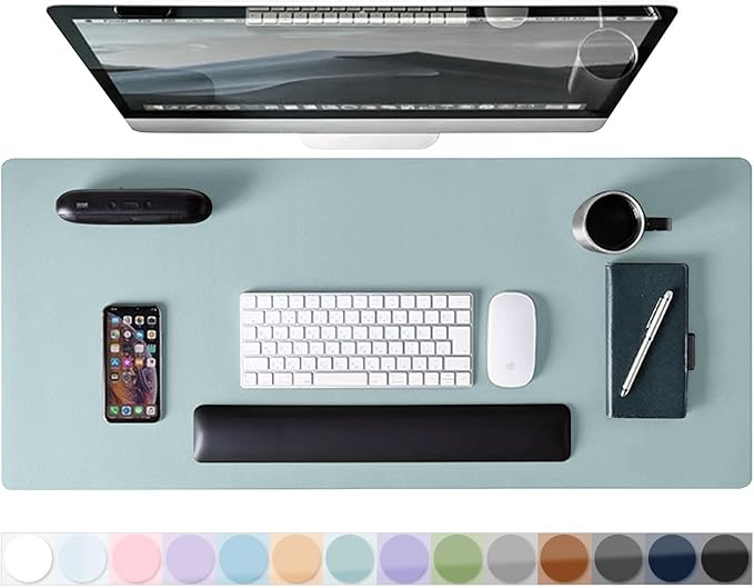 Mouse Pad Desk Protector Mat, Large PU Leather Office Desk Mat, Non-Slip Desk Pad for Keyboard and Mouse, Waterproof Desk Blotter Pad for Writing, Smooth Laptop Desk Pads, Light Teal (13.7''X23.6'')