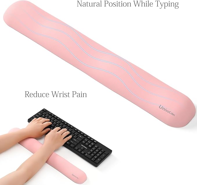UnivoColors Design-Wave Keyboard Wrist Rest, Artificial Sheepskin+Memory Foam+Ergonomic+Anti-Slip Gel, Resilience Support During Work and Gaming,Keyboard Accessory,Pink