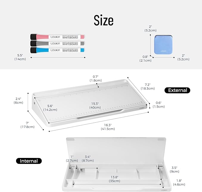 LOUKIN Glass Desktop Whiteboard, 15.3" x 5.6" Dry Erase Desk Board with Dotted and Graduated Surface, Desktop Buddy, Great for Design and Drawing, 3 Markers and 1 Dry Erase Eraser Included (White)