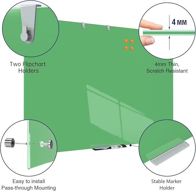TSJ OFFICE Glass Dry-Erase Board - 48 x 36 Inches Wall Mounted Magnetic Whiteboard, Large Frameless Glass White Board for Office, Home & School, Green
