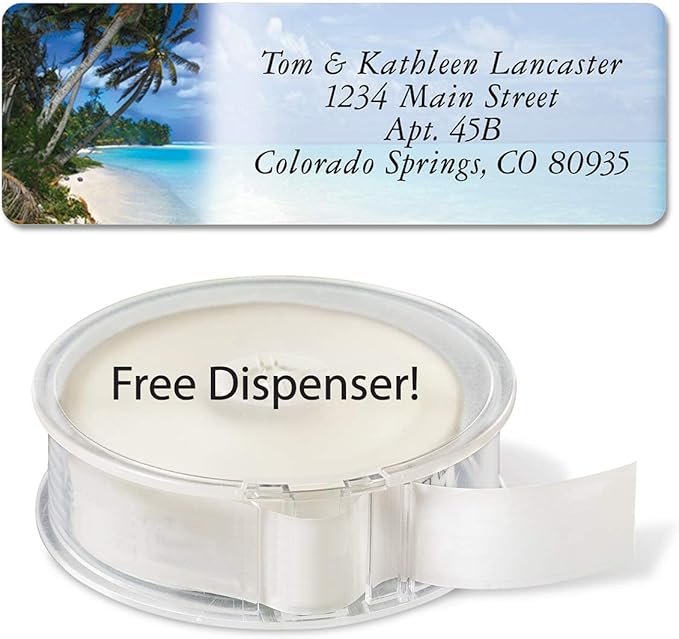 Colorful Images Tropical Paradise Rolled Personalized Return Address Mailing Labels with Dispenser, Customize with Name & Shipping Address, 250 ¾” x 2½” Self Adhesive, Easy Peel Label Roll
