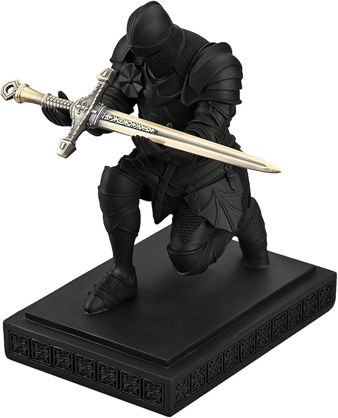 Medieval Armored Warrior Knight Pen Holder Desk Organizers and Accessories Resin Pencil Holder Paperweight as Gift with a Cool Letter Opener for Desk (Black)