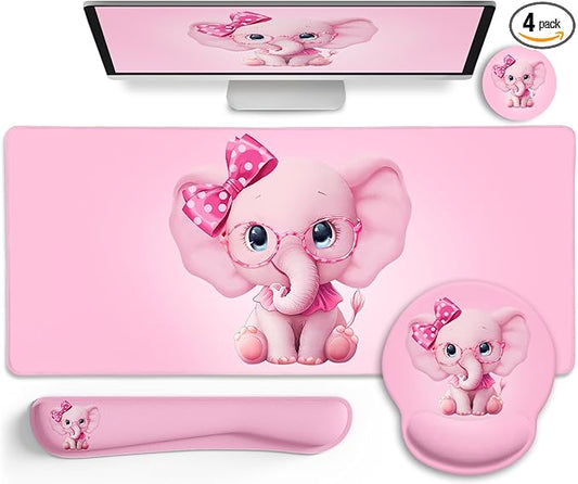 Elephant Mouse Pad Desk Mat Set, Kawaii Gaming Ergonomic Mouse Pad with Wrist Support Wrist Rest for Computer Keyboard Cup Coaster, Cute Pink Elephant Office Supplies Desk Decor Accessories