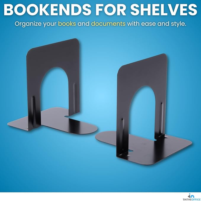 1InTheOffice Bookends for Shelves, Metal Bookends, 5 1/4" x 4 3/4" x 5", Non-Slip, Black, 4 Pack