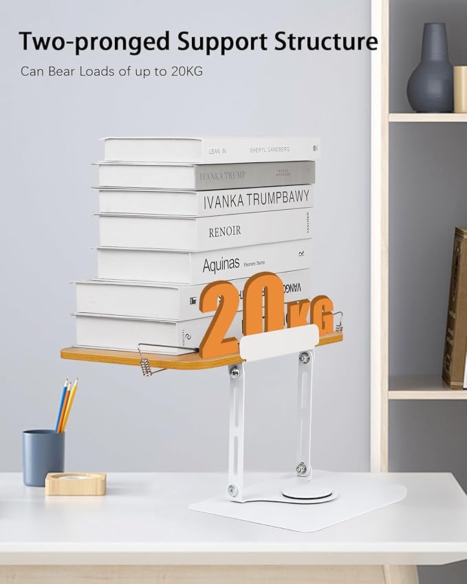 Honagu Book Stand for Reading, Adjustable Book Holder with 360 Degree Rotating Base & Page Clips, Hands Free Foldable Desktop Cookbook Stand for Sheet Music, Laptop, Recipe, Textbook (Yellow Wood)