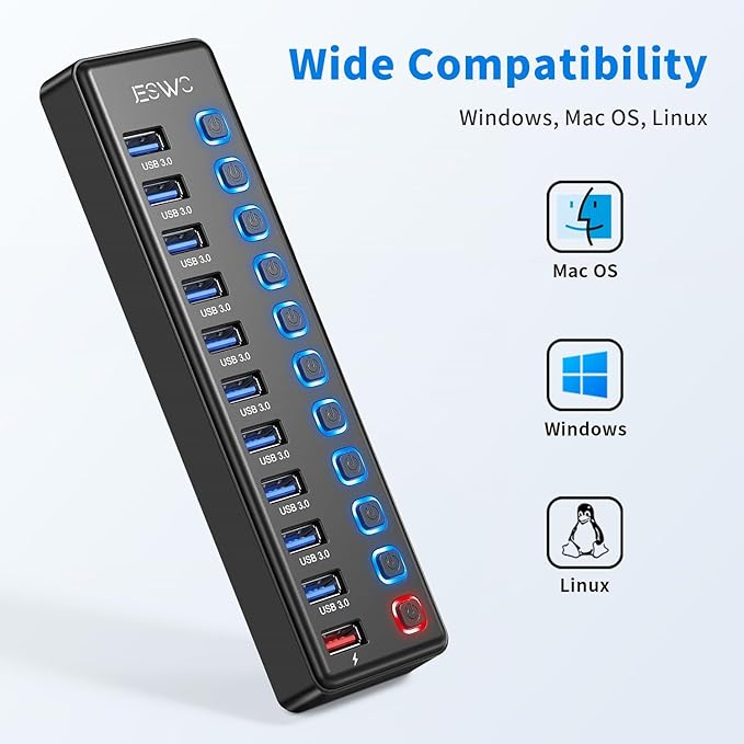 Powered USB Hub, JESWO 11 Port USB 3.0 Hub, 10 USB 3.0 Data Transfer Ports + 1 Smart Charging Port, USB Hub Powered with Individual LED On/Off Switches and 12V/3A Power Adapter