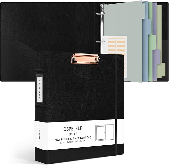 Ospelelf 3 Ring Binder with Clipboard 2 Inch Leather Binder for Letter Size (8.5" x 11"), Clipboard Binder with 5 Tab Dividers Back to School Supply, Black
