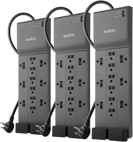 Belkin 12-Outlet Surge Protector Power Strip w/ 12 AC Outlets & 8ft Flat Plug, UL-Listed Heavy-Duty Extension Cord for Home, Office, Travel, Computer, Laptop, Charger - 3,940 Joules, Pack of 3