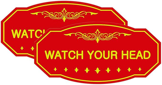 Signs ByLITA Victorian Watch Your Head Sign (Red/Yellow) - Small 2 Pack
