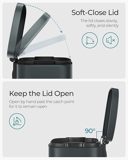 SONGMICS Trash Can with Lid, 8 Gallon Garbage Can, Stainless Steel Small Waste Bin with Step Pedal and Inner Bucket, Soft Close, Kitchen, Greenish Gray ULTB102G01