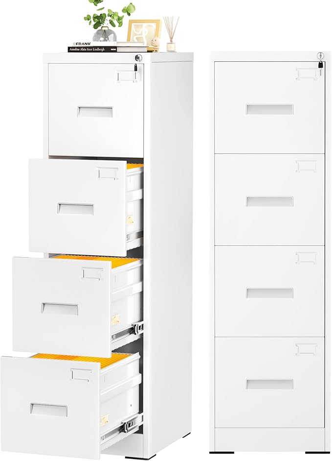 INTERGREAT 4 Drawer File Cabinet, White Metal Filing Cabinet with Lock, Tall Locking File Cabinets with 4 Adjustable Hanging Frame for Home Office