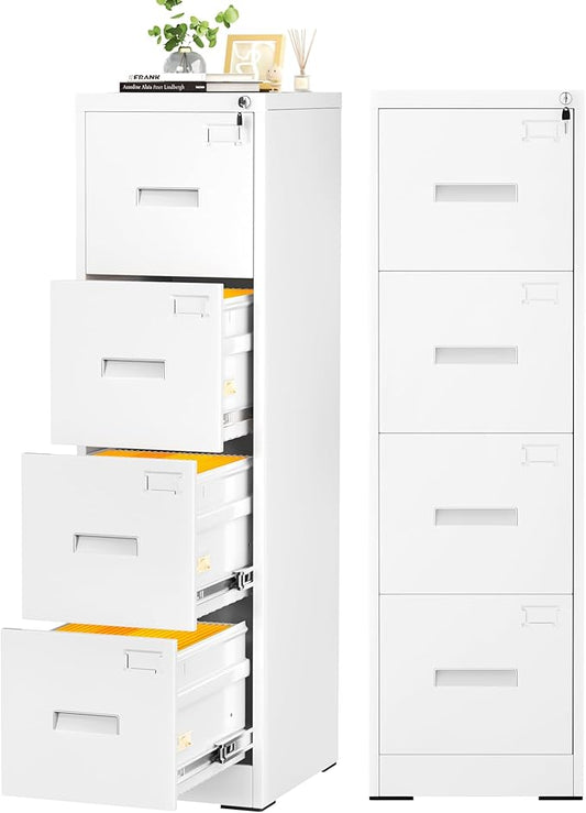 INTERGREAT 4 Drawer File Cabinet, White Metal Filing Cabinet with Lock, Tall Locking File Cabinets with 4 Adjustable Hanging Frame for Home Office