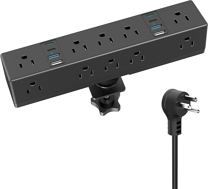 40W Fast Charging Station, VILONG Desk Clamp Power Strip, Desktop Mount Surge Protector, 8 USB Ports(4 USB-C), 10 AC Outlets and 6Ft Cord, for Home, Office, Fit 1.6" Tabletop Edge