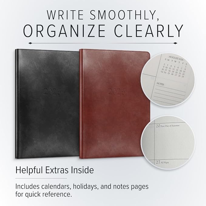 Gallery Leather Desk Weekly Monthly Planner 2025-2026, Elegantly Bound Calendar Planner and Notebook with Stylish Gold-Gilded Page Edges, 12 Months - Acadia Tan - 8 x 5.5 "