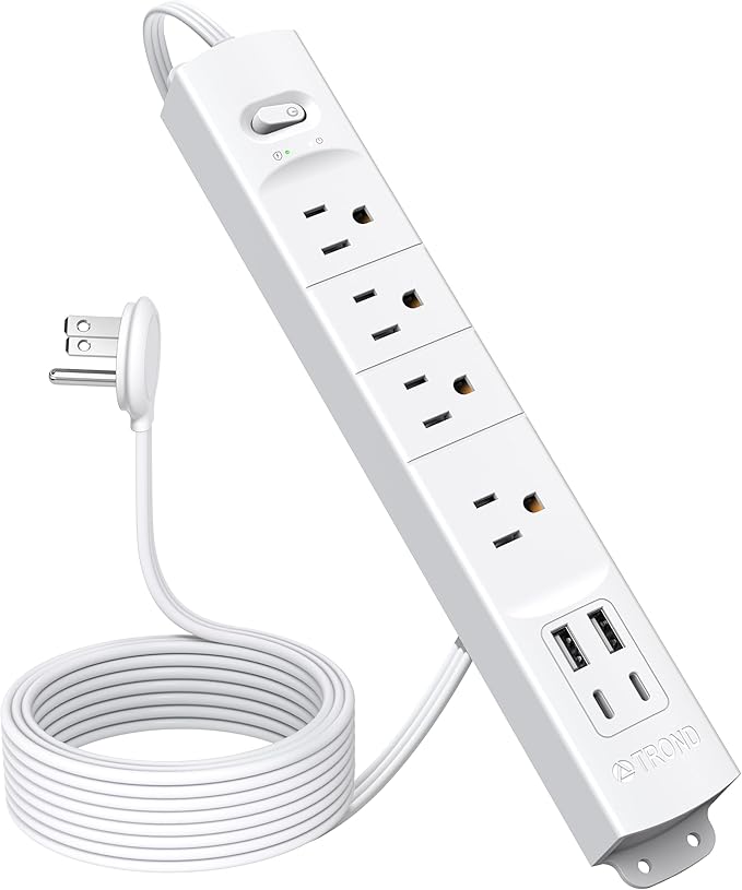TROND Flat Plug Power Strip USB-10ft Flat Extension Cord Surge Protector Wall Mount, 2 USB C & 2 USB A Ports with Multiple Outlets, 1440J, 1625W for Office Supplies Dorm Room Essentials, White