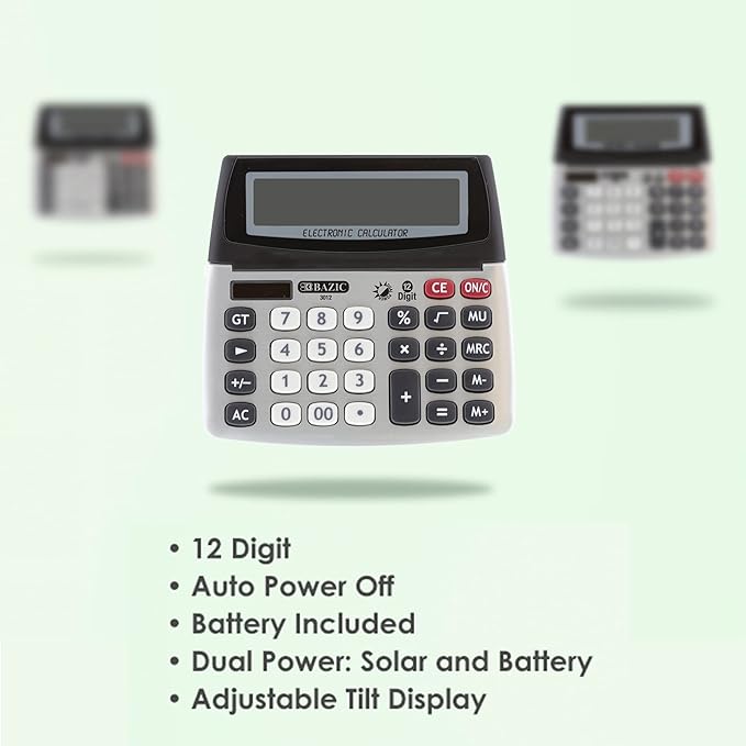 BAZIC 12-Digit Dual Power Desktop Calculator with Adjustable Display (Case of 72) (3012-72)