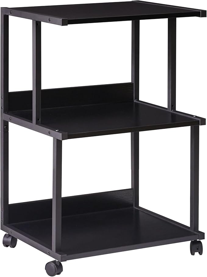 IBUYKE Black Printer Stand with Storage Shelf,3 Tier Printer Table with Wheels,Printer Cart for Home Office Organization, Rolling Cart Stand for Heat Press Microwave and Mini Fridge TPS001B