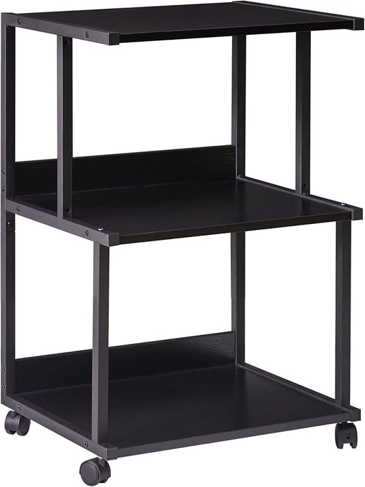IBUYKE Black Printer Stand with Storage Shelf,3 Tier Printer Table with Wheels,Printer Cart for Home Office Organization, Rolling Cart Stand for Heat Press Microwave and Mini Fridge TPS001B