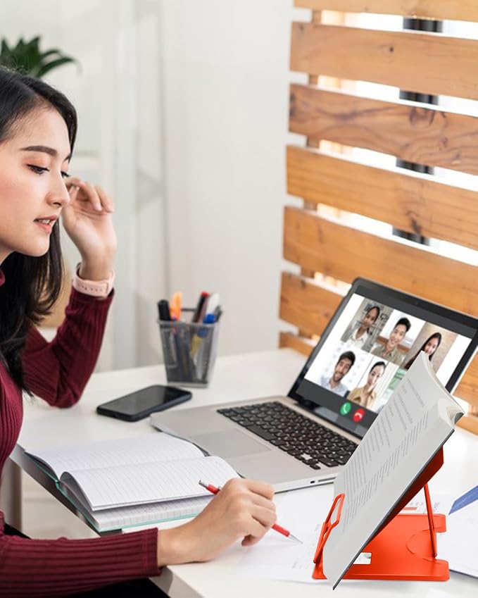 MSDADA Desk Book Stand Metal Reading Rest Book Holder Adjustable Cookbook Documents Holder Portable Sturdy Bookstands for Recipes Textbooks Tablet Music Books (Orange)