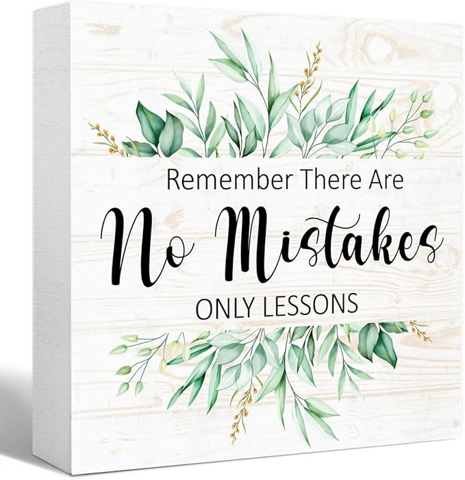 There Are No Mistakes Sign Wood Box,Funny Inspirational Quote Wooden Block Sign for Home Office Tabletop Shelf Decor 5" x 5",Motivational Desk Decor Accessories for Women
