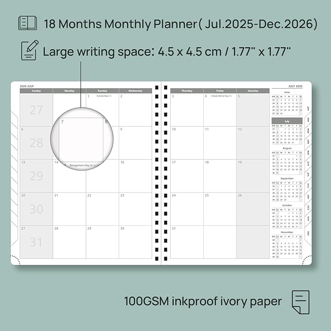 POPRUN Monthly Planner 2025-2026 Spiral Bound (8.5'' x 10.5'') 18 Months Calendar (Jul 2025 - Dec 2026) - 4 Pages per Month with Monthly Expense & Notes, Sunday Start, Leather Cover - Pink