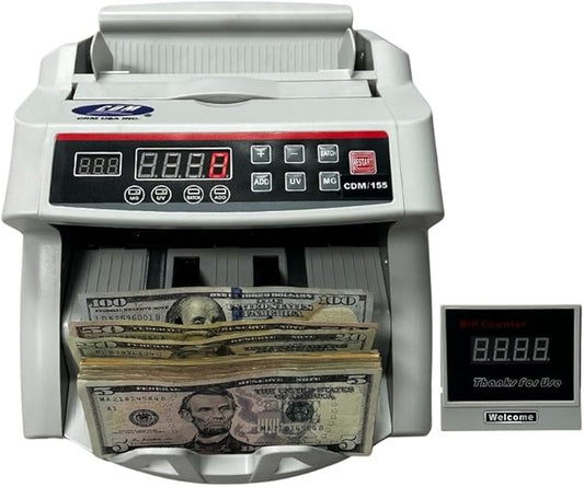 CDM-155 Advanced Money Counter Machine with UV/MG/DD/DBL/HLF/CHN Counterfeit Detection - Add and Batch Modes - Fast and Accurate Cash Counter