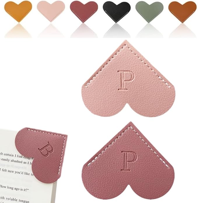 Personalized Leather Heart Bookmark, 26 Letters Customized Corner Book Mark for Reading Women, Book Marker with Initials，Cute Gifts (Light Pink+Deep Pink, P)