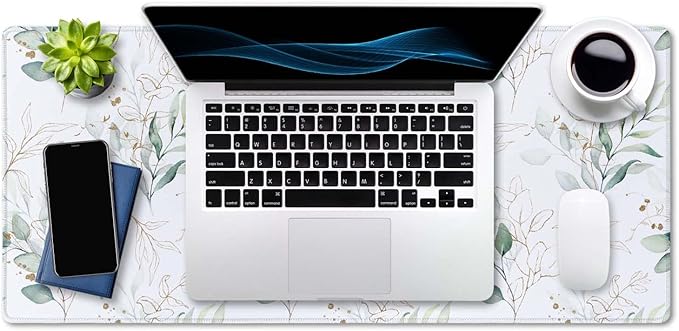 SSOIU Large Mouse Pad, Cute Floral Desk Mat for Desktop, Women Girls Waterproof Gaming Mousepad, Eucalyptus Leaves Computer PC Laptop Protector Writing Pads for School Office Home 35.5" x 15.7"