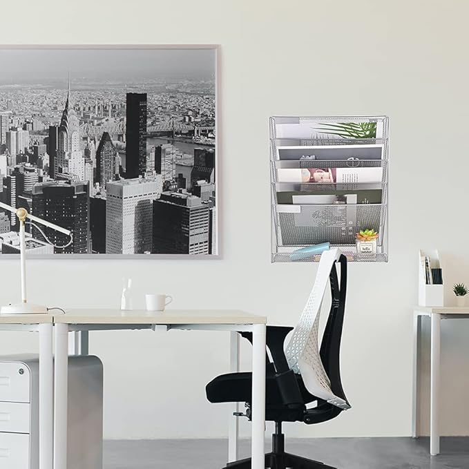 EASEPRES Desk File Organizer Mesh 6-Tier, Hanging Wall Mount Document Organization Stand, Desktop Vertical Mail Paper Folder Holder Rack with Bottom Tray for Office Home Cubicle Countertop, Silver