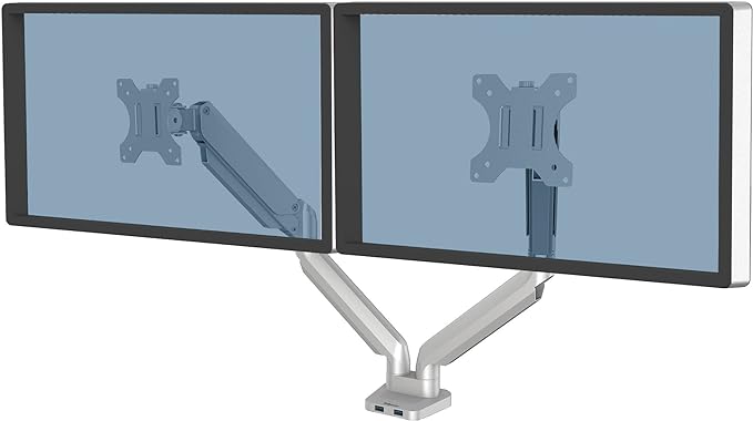 Fellowes Platinum Series Dual Monitor Arm for 40-Inch Monitors, Full Motion, 360° Rotation, VESA Mount with Grommet or Clamp, USB Ports, Ergonomic, Silver, 8056501