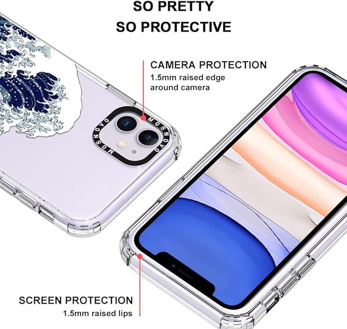 MOSNOVO Case for iPhone 11, [Buffertech 6.6ft Military-Grade Drop Protection] [Anti Peel Off Tech] Clear TPU Bumper Phone Case Cover Design - Great Wave