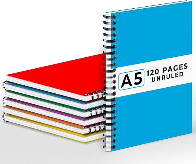 Blank Spiral Notebook, 6 Pack, 5.8 x 8.3, 120 Pages (60 Sheets), 100 GSM Unlined Drawing Notebooks, Assorted A5 Journals, No-Bleed, Sketching, Note Taking, Blank Journals for Office & School