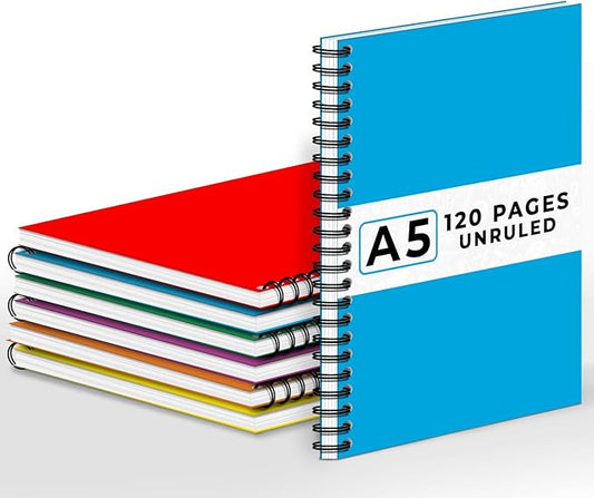 Blank Spiral Notebook, 6 Pack, 5.8 x 8.3, 120 Pages (60 Sheets), 100 GSM Unlined Drawing Notebooks, Assorted A5 Journals, No-Bleed, Sketching, Note Taking, Blank Journals for Office & School