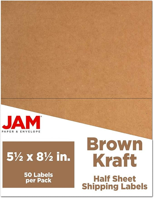 JAM PAPER Shipping Labels - Half Page - 5 1/2 x 8 1/2 - Brown Kraft - 50/Pack