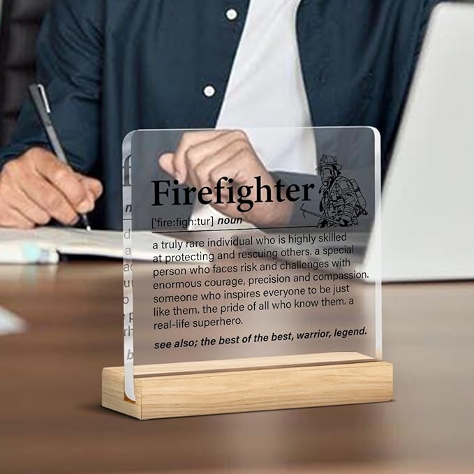Firefighter Gifts for Women Men, Fireman Gifts, Firefighter Definition Clear Acrylic Desk Decorative Sign for Home Office, 4 x 4 Inches