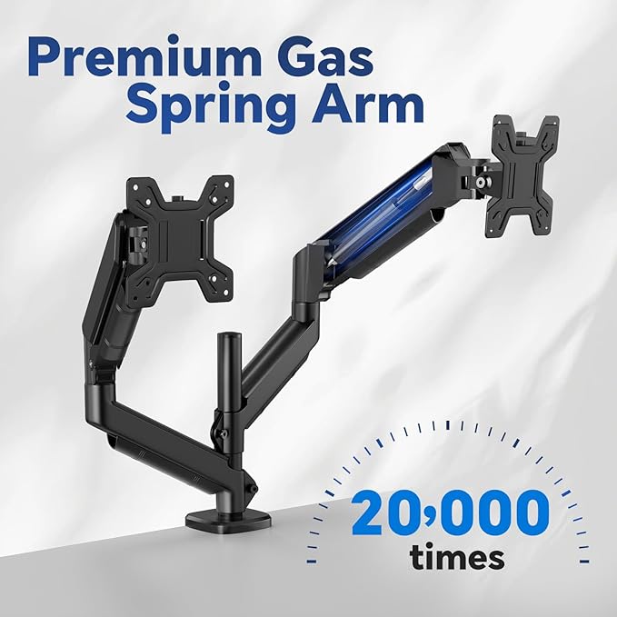 Simple Trending Dual Monitor Stand, Full Adjustable Monitor Mount, Gas Spring Monitors Arm for 13-32 inch Computer, VESA Mount with C-clamp & Grommet Mounting Holds Max 20 lbs Each, Freelift Black