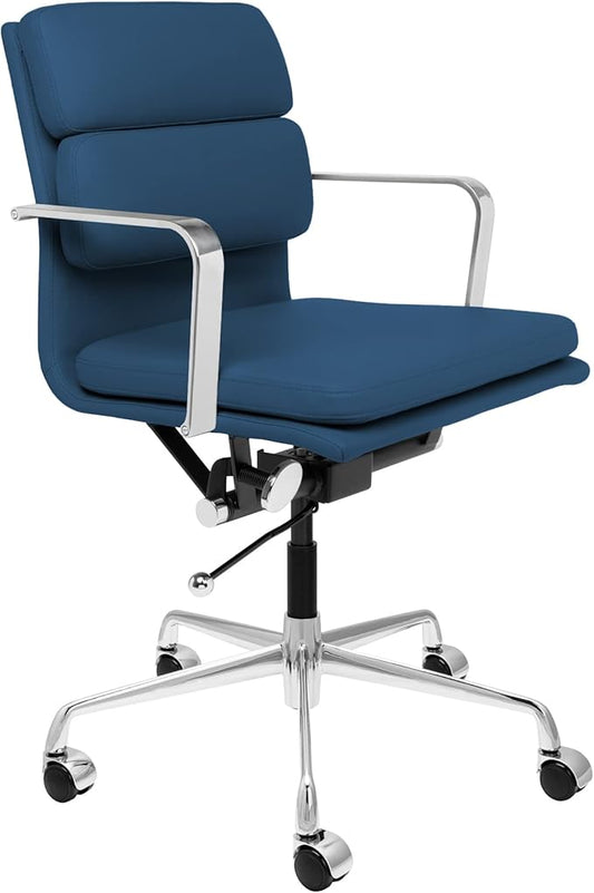Laura Davidson Furniture SOHO II Padded Management Office Chair - Mid Back Desk Chair with Arm Rest, Swivel & Cushion Availability, Made of Faux Leather, Blue, Computer Chair