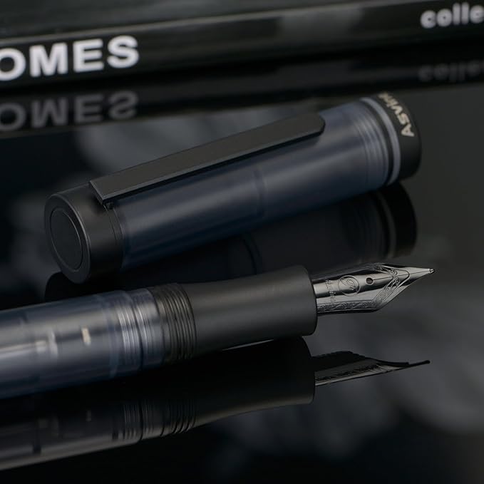 Asvine V200 Titanium Fountain Pen Vacuum Filling, Matte Black Medium Nib Clear Demonstrator Acrylic with Pen Case and Wrench