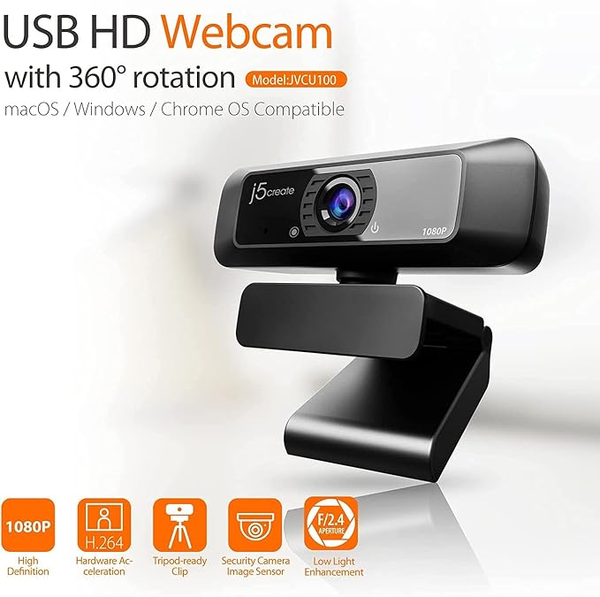 j5create USB Streaming Webcam - 1080P HD with 360° Rotation, High Fidelity Microphone, Plug and Play for PC/Mac/Laptop/Desktop/Skype/YouTube/Zoom/Facetime, Suitable for Conferencing/Calling (JVCU100)