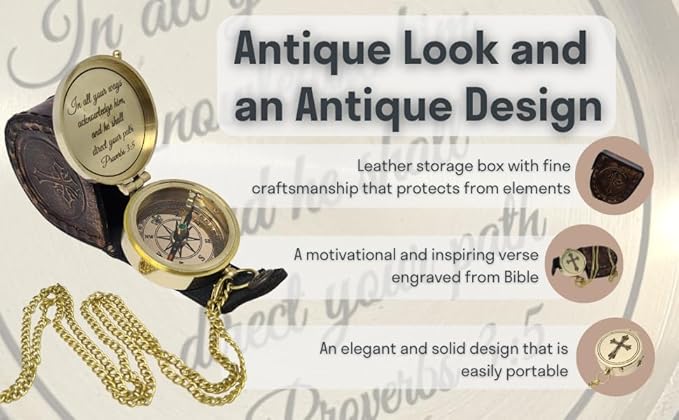 Brass Compass Engraved with Religious Scripture Verse - Ideal Gift for Son, Grandson, Daughter - Perfect for Baptism, Communion, Church and Graduation Day Present