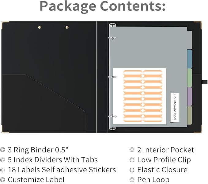 Ospelelf 3 Ring Binder, 1/2 Inch, Cute Letter Size (11" x 8.5") with 5 Tab Dividers, File Folder Labels and Low Profile Clipboards, Black for School and Office