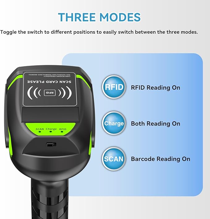 Alacrity Wireless Charging 1D 2D Barcode Scanner, UHF RFID Tags Reader, 2.4Ghz Wireless Bluetooth Wired 3 in 1 Connectivity, for Retail, Logistics, Manufacturing