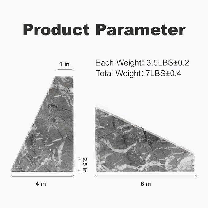 Marble Bookends for Heavy Books, Decorative Bookends for Shelves, Durable and Heavy-Duty Book End for Hardback Book & CDS, Unique Book Stopper & Holder, Gris Lido, Set of 2